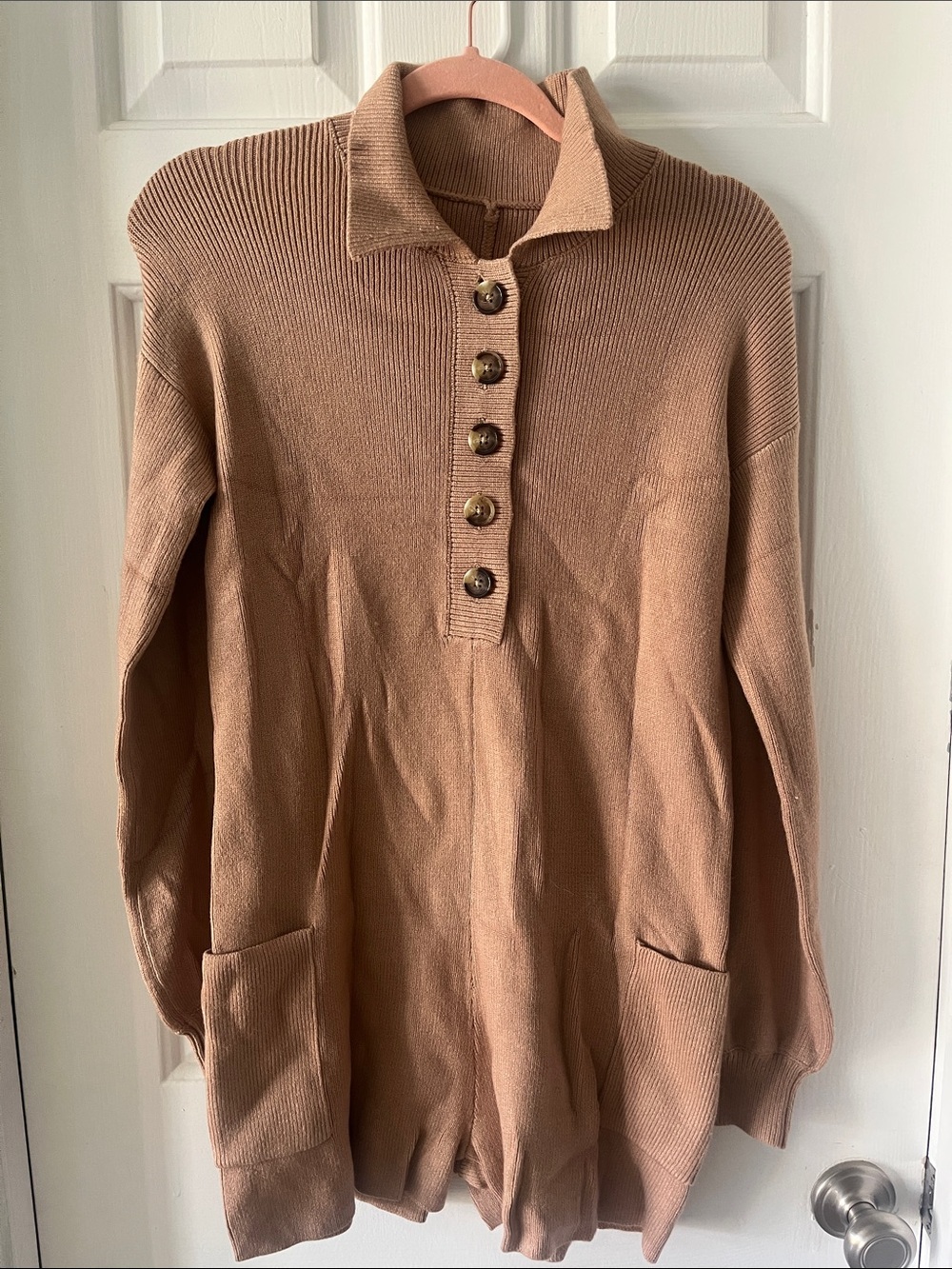 Cozy Knit Button-Front Romper in Camel